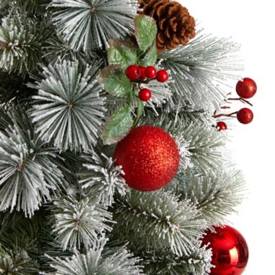 Image showing  4 ft. Winter Flocked Artificial Christmas Tree with LED Lights and Ornaments in Decorative Planter