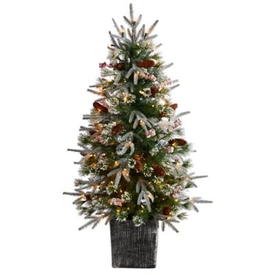 Nearly Natural 4 ft. Frosted Artificial Christmas Tree with 105 LED Lights and Berries in Decorative Planter
