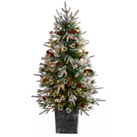 4 Foot Almost Natural Frosted Artificial Christmas Tree with 105 LED Lights and Berries in Decorative Pot Artificial Christmas Trees