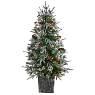 Image showing  4 ft. Frosted Artificial Christmas Tree with 105 LED Lights and Berries in Decorative Planter