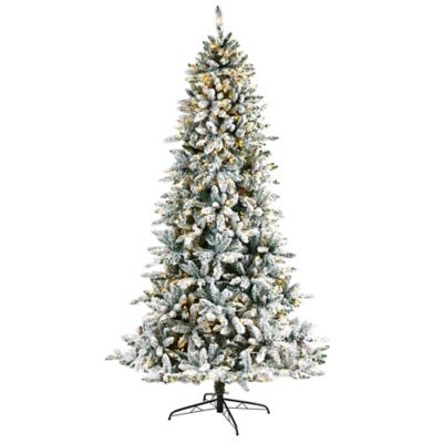 Nearly Natural 8 ft. Flocked Livingston Fir Artificial Christmas Tree with Pine Cones and Clear Warm LED Lights