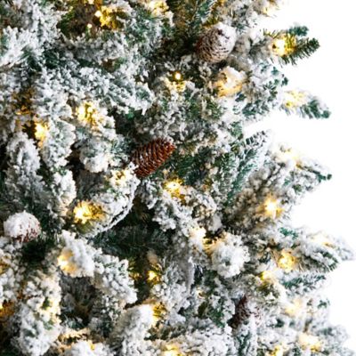 Image showing  8 ft. Flocked Livingston Fir Artificial Christmas Tree with Pine Cones and Clear Warm LED Lights