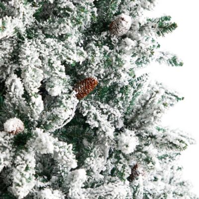 Image showing  8 ft. Flocked Livingston Fir Artificial Christmas Tree with Pine Cones and Clear Warm LED Lights