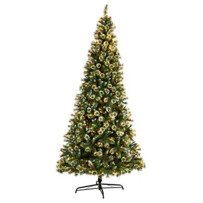 Nearly Natural 10 ft. Pre-Lit Frosted Swiss Pine Artificial Christmas Tree with Berries, Clear LED Lights