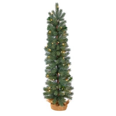 Nearly Natural 3 ft. Green Pine Artificial Christmas Tree with Warm White Lights in Burlap Base