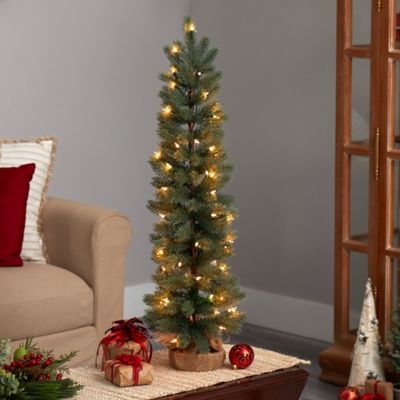 Image showing 6 th Nearly Natural 3 ft. Green Pine Artificial Christmas Tree with Warm White Lights in Burlap Base