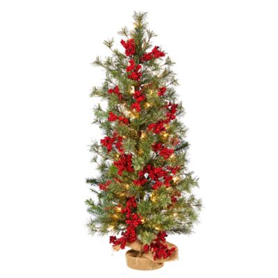 Nearly Natural 3 ft. Berry and Pine Artificial Christmas Tree with Warm White Lights and Burlap Wrapped Base