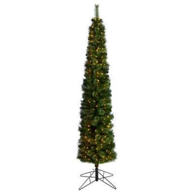 Nearly Natural 8 ft. Green Pencil Artificial Christmas Tree with Clear Multifunction LED Lights and Bendable Branches