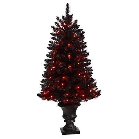 Nearly Natural 4 ft. Black Halloween Artificial Christmas Tree with Orange LED Lights in Urn