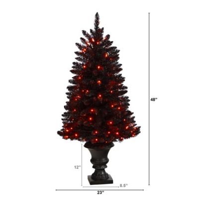 Image showing  4 ft. Black Halloween Artificial Christmas Tree with Orange LED Lights in Urn