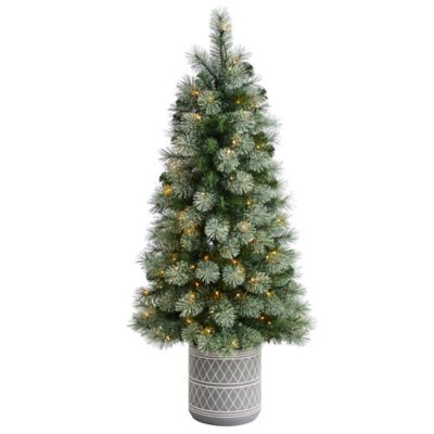 Nearly Natural 4.5 ft. Nova Scotia Pine Artificial Christmas Tree in Engraved Geometric Stone Planter