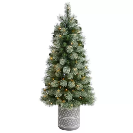 Nearly Natural 4.5' Nova Scotia Pine Artificial Christmas Tree in Engraved Geometric Stone Planter Artificial Christmas Trees