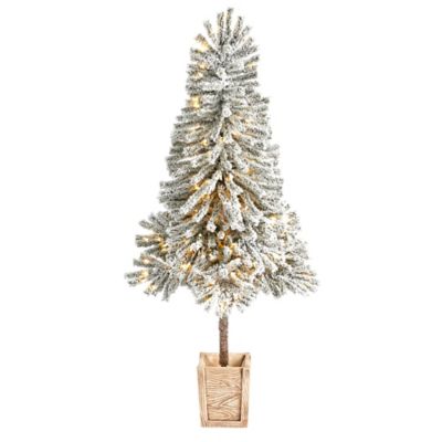 Nearly Natural 5 ft. Winter Flocked Leaning Artificial Christmas Tree with LED Lights in Decorative Planter