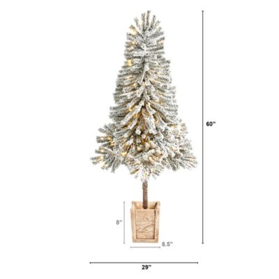 Image showing  5 ft. Winter Flocked Leaning Artificial Christmas Tree with LED Lights in Decorative Planter