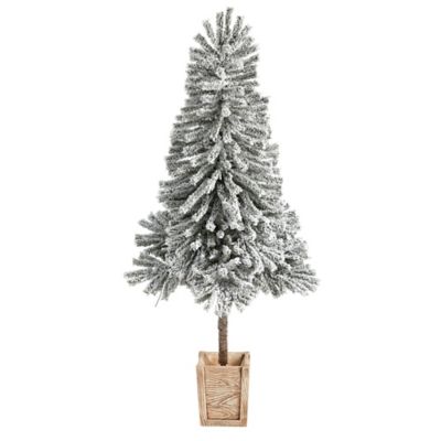 Image showing  5 ft. Winter Flocked Leaning Artificial Christmas Tree with LED Lights in Decorative Planter