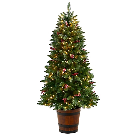 Nearly Natural 5 ft. Frosted Colorado Aspen Artificial Porch Christmas Tree with LED Lights in Decorative Planter