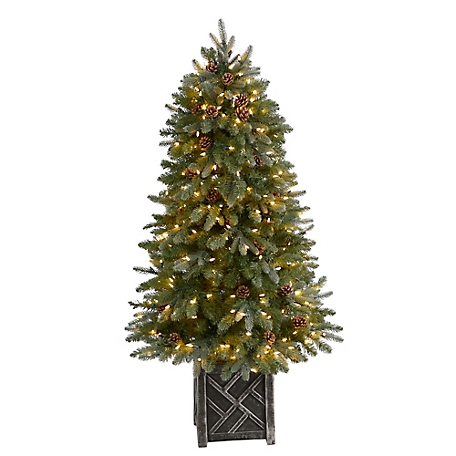 Nearly Natural 5 ft. Colorado Fir Flocked Dusted Artificial Christmas Tree with LED Lights in Decorative Planter