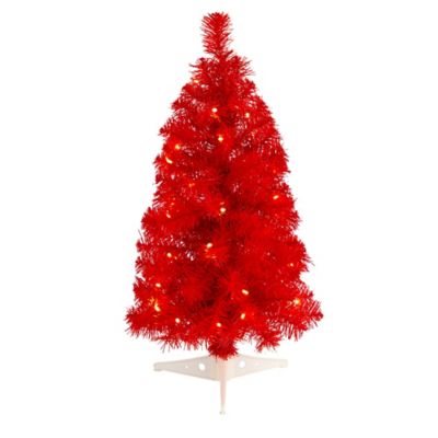 Nearly Natural 2 ft. Red Artificial Christmas Tree with LED Lights and Bendable Branches