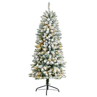 Nearly Natural 5 ft. Slim Flocked Montreal Fir Artificial Christmas Tree with Warm White LED Lights and Bendable Branches