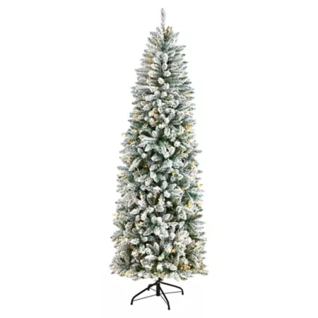 7' Slim Flocked Nearly Natural Montreal Artificial Christmas Tree with Warm White LED Lights and Bendable Branches Artificial Christmas Trees