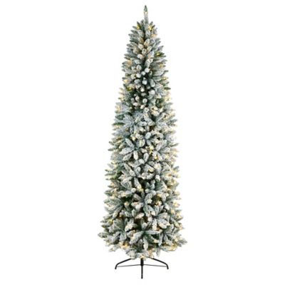 Nearly Natural 8 ft. Slim Flocked Montreal Fir Artificial Christmas Tree with Warm White LED Lights and Bendable Branches