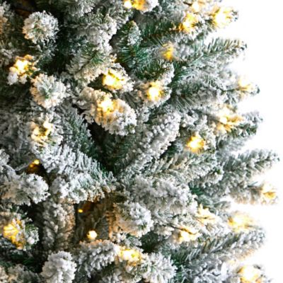 Image showing  8 ft. Slim Flocked Montreal Fir Artificial Christmas Tree with Warm White LED Lights and Bendable Branches