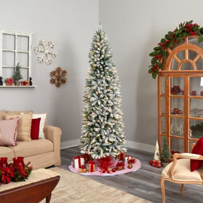 Image showing 6 th Nearly Natural 8 ft. Slim Flocked Montreal Fir Artificial Christmas Tree with Warm White LED Lights and Bendable Branches