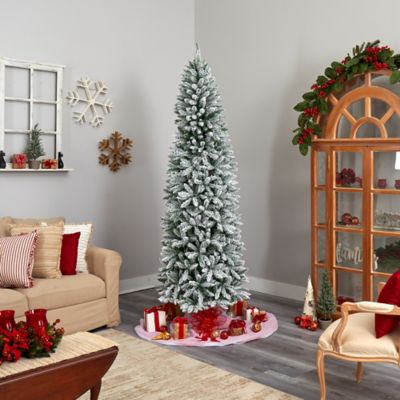 Image showing 7 th Nearly Natural 8 ft. Slim Flocked Montreal Fir Artificial Christmas Tree with Warm White LED Lights and Bendable Branches