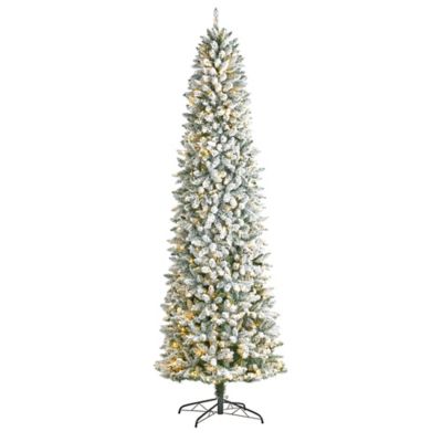 Nearly Natural 9 ft. Slim Flocked Montreal Fir Artificial Christmas Tree with Warm White LED Lights and Bendable Branches