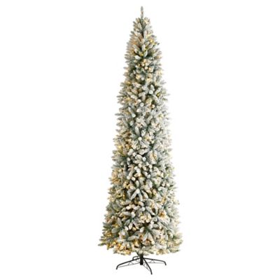 Nearly Natural 10 ft. Slim Flocked Montreal Fir Artificial Christmas Tree with Warm White LED Lights