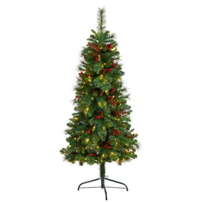 Nearly Natural 5 ft. Flat Back Montreal Mountain Pine Artificial Christmas Tree with Pine Cones, Berries and LED Lights