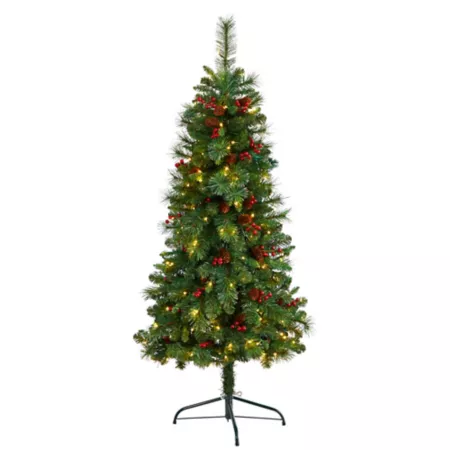 5ft Montreal Mountain Pine Artificial Christmas Tree Flat Back Nearly Natural with Pine Cones Berries and LED Lights Artificial Christmas Trees