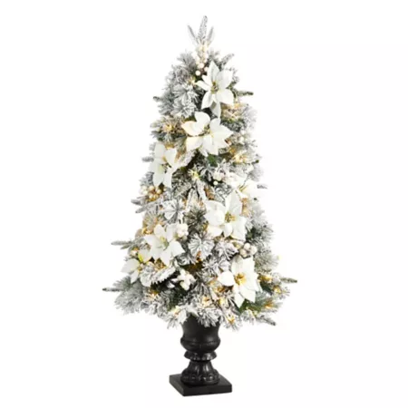 4-Foot Nearly Natural Flocked Artificial Christmas Tree with Warm Lights and Bendable Branches in Decorative Urn Artificial Christmas Trees