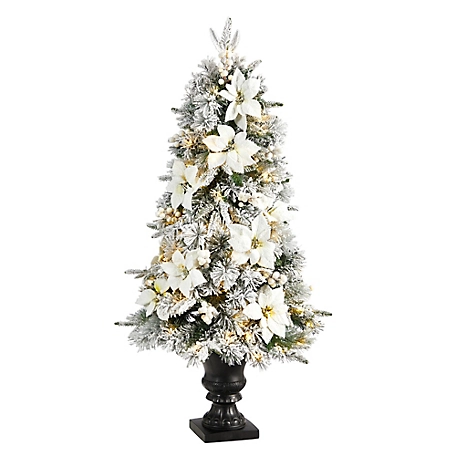 Nearly Natural 4 ft. Flocked Artificial Christmas Tree with Warm Lights and Bendable Branches in Decorative Urn