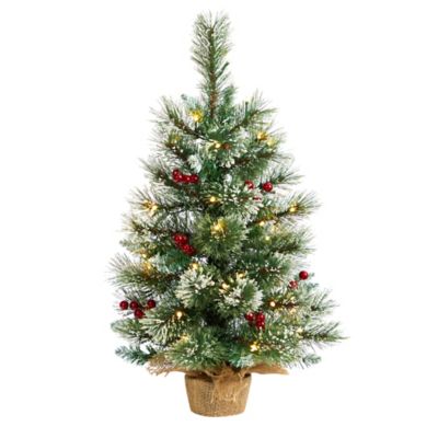 Nearly Natural 2 ft. Snow-Tipped Pine and Berry Artificial Christmas Tree with Warm White LED Lights in Burlap Base