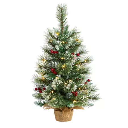 Pre-Lit 2 Foot Nearly Natural Pine and Berry Artificial Christmas Tree with Warm White LED Lights in Burlap Base Artificial Christmas Trees