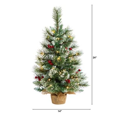 Image showing  2 ft. Pre-Lit Snow-Tipped Pine and Berry Artificial Christmas Tree with Warm White LED Lights in Burlap Base
