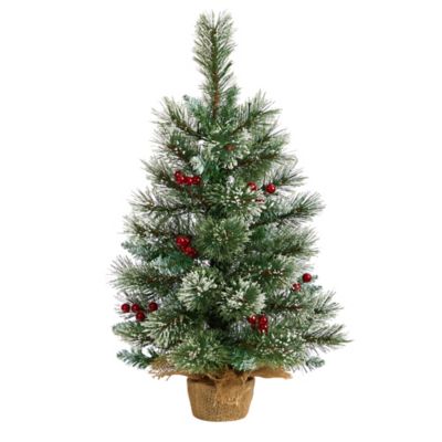 Image showing  2 ft. Pre-Lit Snow-Tipped Pine and Berry Artificial Christmas Tree with Warm White LED Lights in Burlap Base