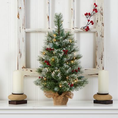 Image showing  2 ft. Pre-Lit Snow-Tipped Pine and Berry Artificial Christmas Tree with Warm White LED Lights in Burlap Base