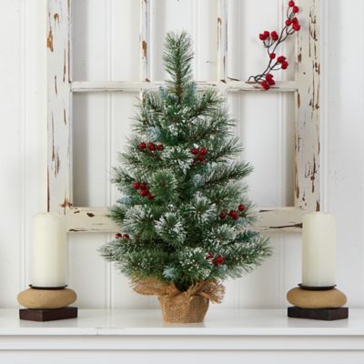 Image showing  2 ft. Pre-Lit Snow-Tipped Pine and Berry Artificial Christmas Tree with Warm White LED Lights in Burlap Base