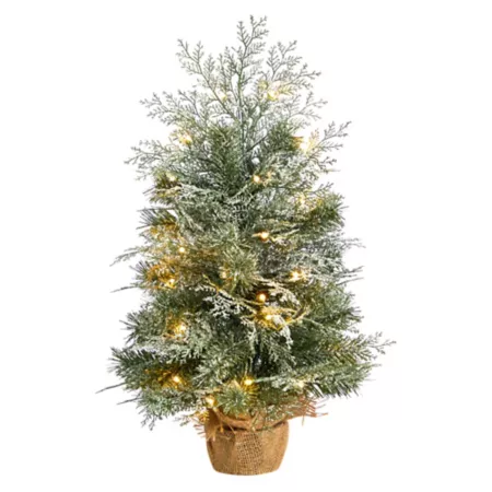 2 Foot Frosted Winter Artificial Christmas Tree with LED Lights and Nearly Natural Burlap Base Artificial Christmas Trees