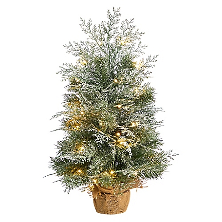 Nearly Natural 2 ft. Winter Frosted Artificial Christmas Tree with LED Lights in Burlap Base