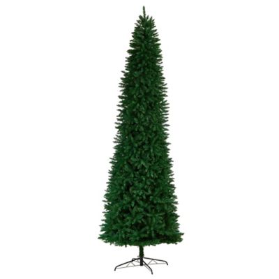 Image showing  11 ft. Pre-Lit Slim Green Mountain Pine Artificial Christmas Tree with Bendable Branches, Clear LED Lights