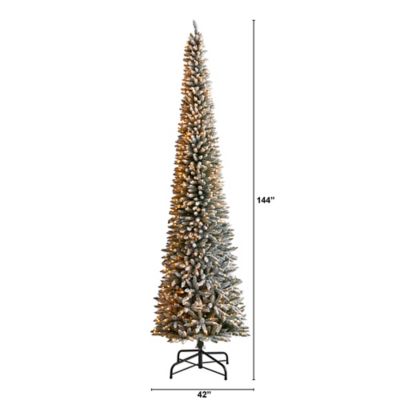 Image showing  12 ft. Pre-Lit Flocked Pencil Artificial Christmas Tree with Bendable Branches, Clear Lights