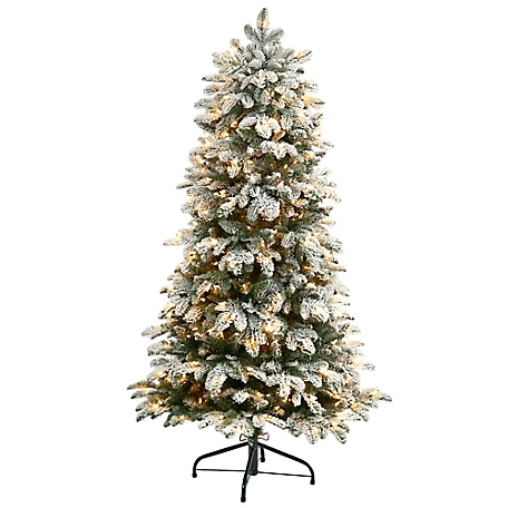 Nearly Natural 5 ft. Flocked North Carolina Fir Artificial Christmas Tree with Warm White Lights and Bendable Branches