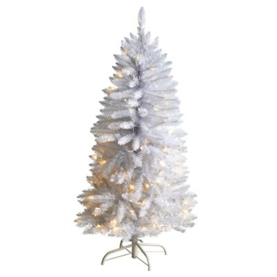 Nearly Natural 4 ft. Slim White Artificial Christmas Tree with Warm White LED Lights and Bendable Branches