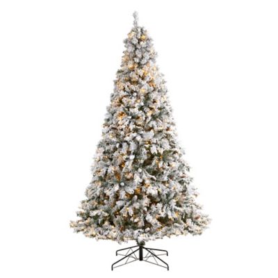 Nearly Natural 9 ft. Flocked White River Mountain Pine Artificial Christmas Tree with Pine Cones and Clear LED Lights