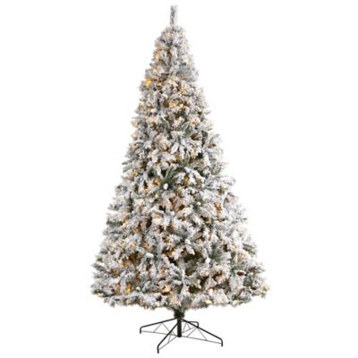 Nearly Natural 10 ft. Flocked White River Mountain Pine Artificial Christmas Tree with Pine Cones and Clear LED Lights