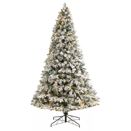 Nearly Natural 9' Flocked Vermont Mixed Pine Artificial Christmas Tree with LED Lights and Bendable Branches Artificial Christmas Trees