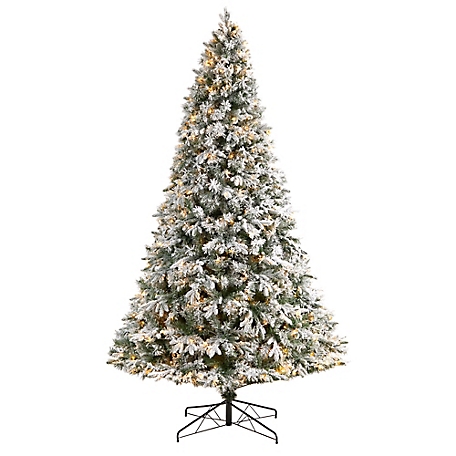 Nearly Natural 9 ft. Flocked Vermont Mixed Pine Artificial Christmas Tree with LED Lights and Bendable Branches